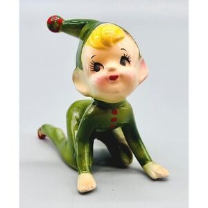 Tumbling Pixie Elf Figurine Kneeling Japan Vintage 1950s Christmas Decor Ceramic